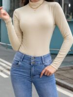 Bellcoco Women's Mock Turtleneck Long Sleeve Shirt Slim Fit ... - Image 3